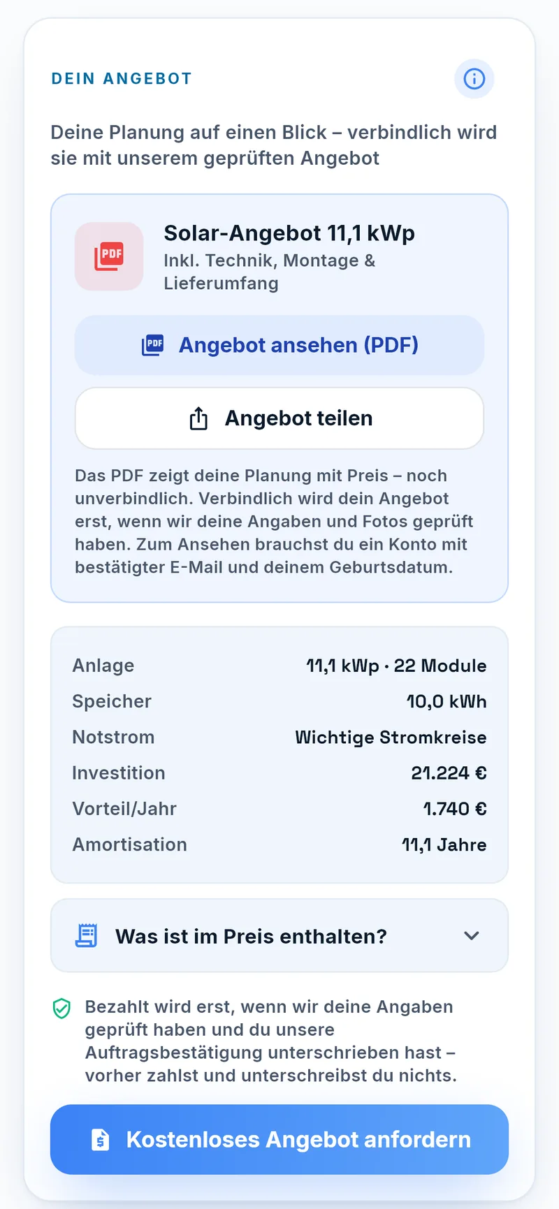 Angebotszusammenfassung im Solar-Planer mit Knopf zum Anfordern