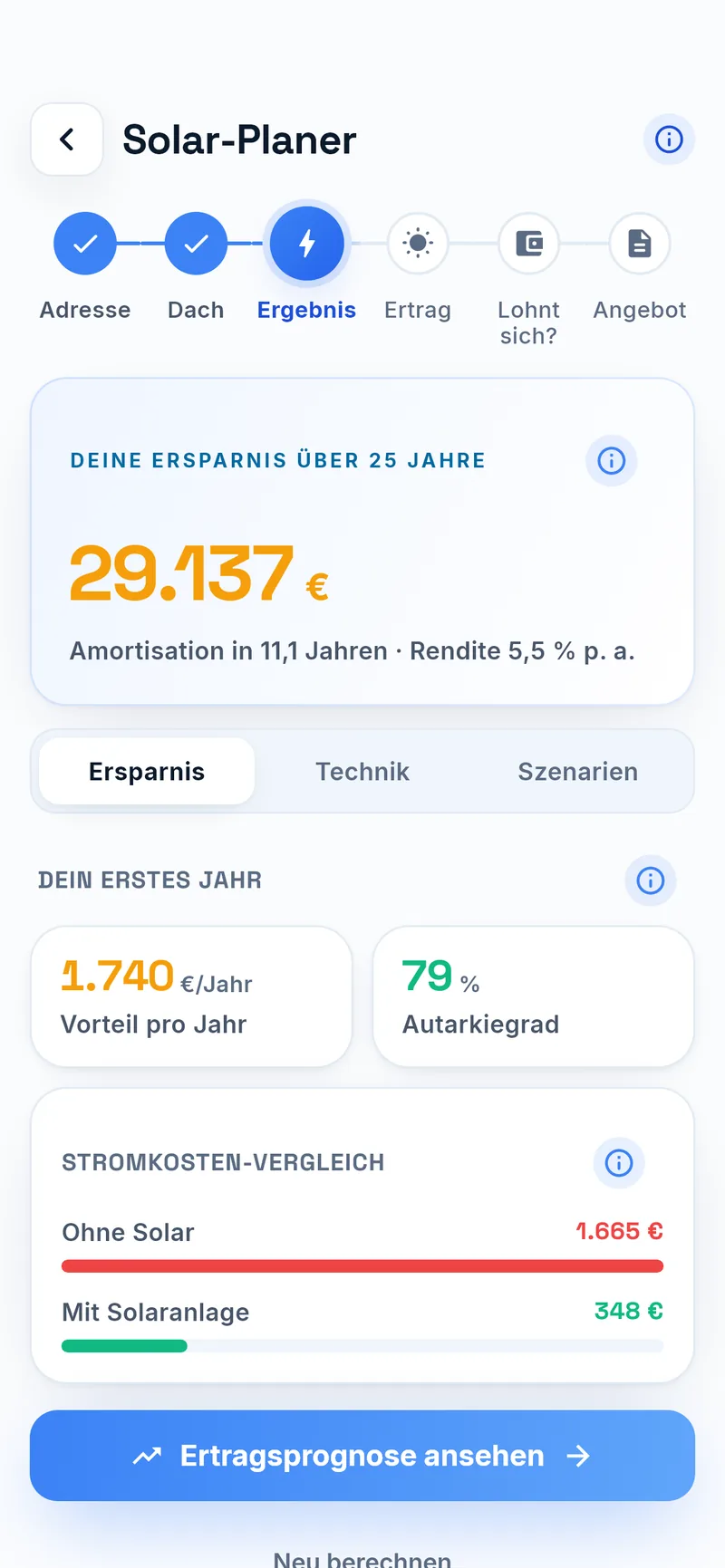 Ergebnis im Solar-Planer: Ersparnis über 25 Jahre und Stromkosten-Vergleich