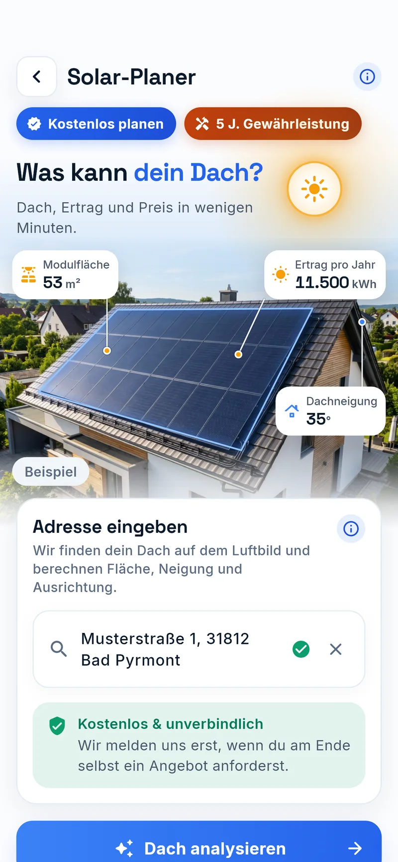 Solar-Planer der Autark-App: Einstieg mit Adresseingabe