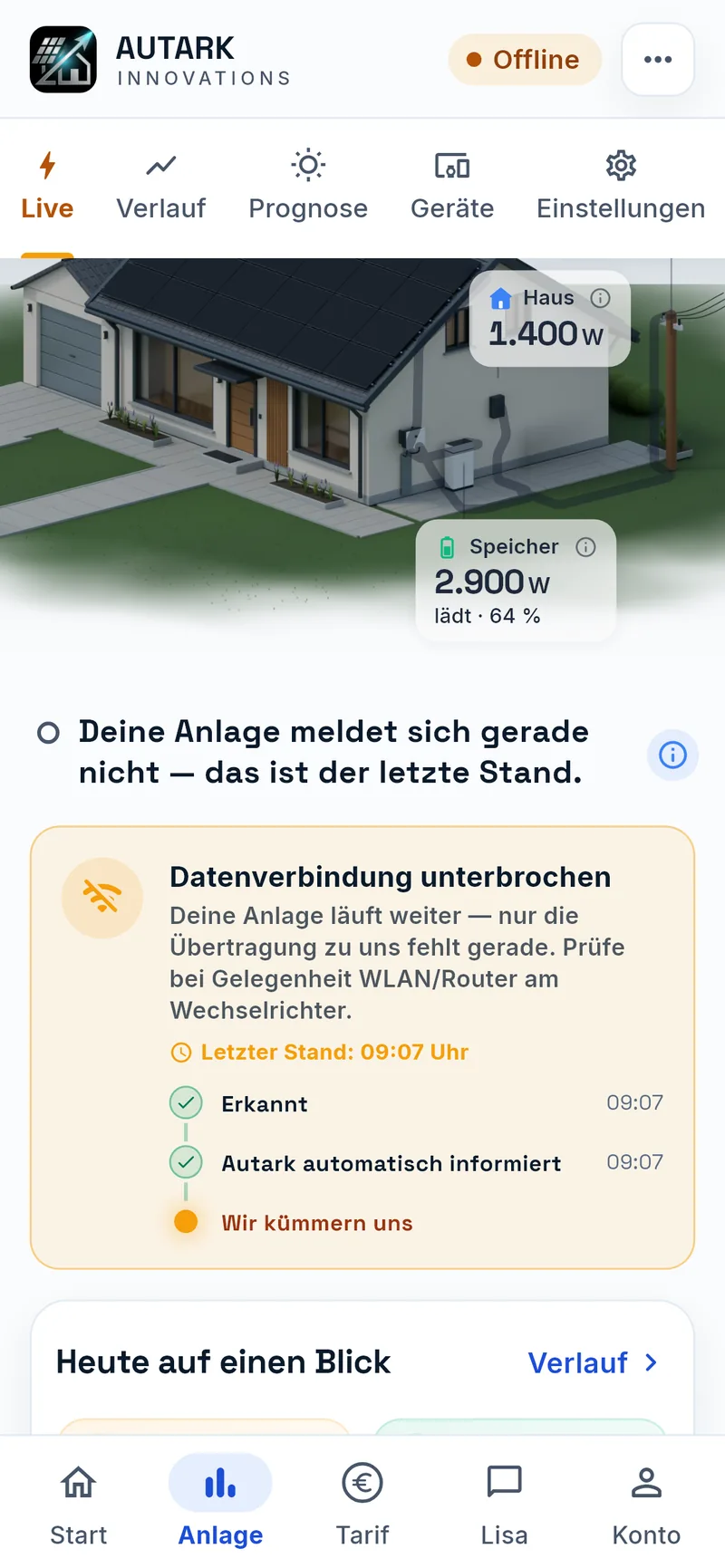 Monitoring der Autark-App im Offline-Fall: Karte „Datenverbindung unterbrochen“ mit Zeitleiste Erkannt, Autark automatisch informiert, Wir kümmern uns