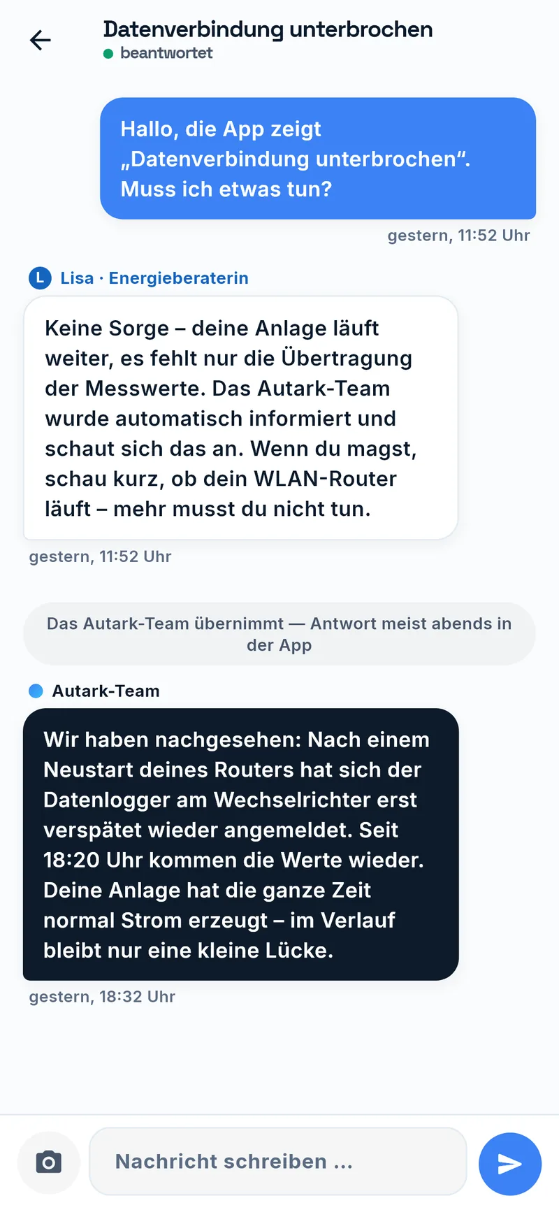 Anliegen-Chat mit Antwort des Autark-Teams