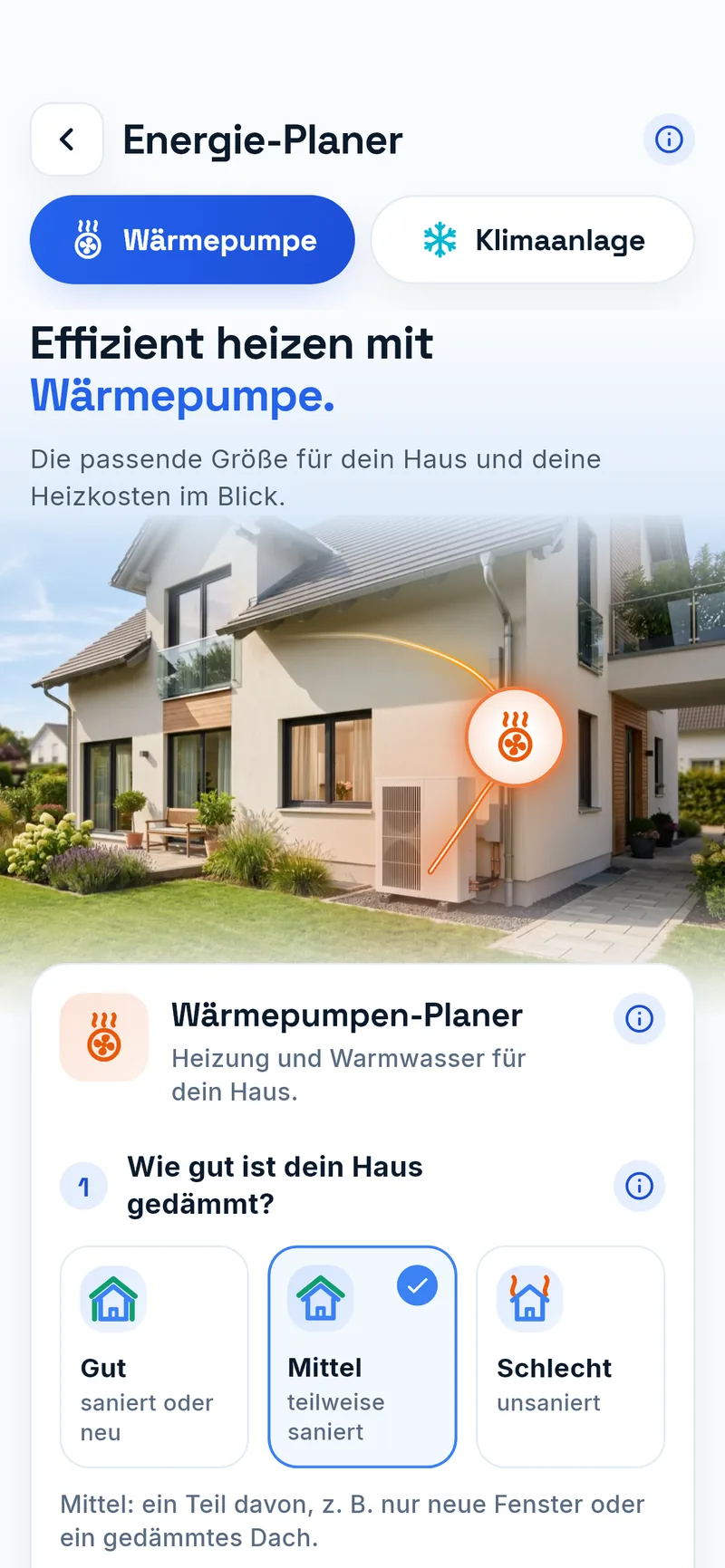 Wärmepumpen-Planer der Autark-App: Fragen zum Haus und zur jetzigen Heizung