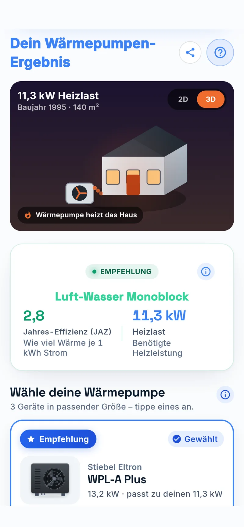 Ergebnis im Wärmepumpen-Planer mit Heizlast 11,3 kW und Gerätevorschlag