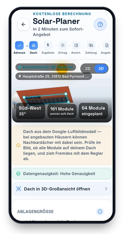 Echter Screen: Dach in der 3D-Ansicht mit eingeplanten Modulen