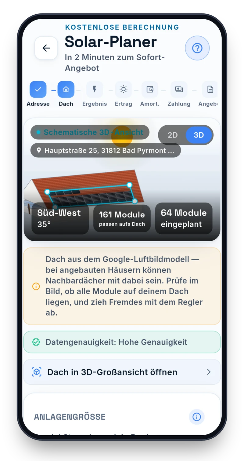 3D-Ansicht des Daches mit Modulfeld in der Autark-App