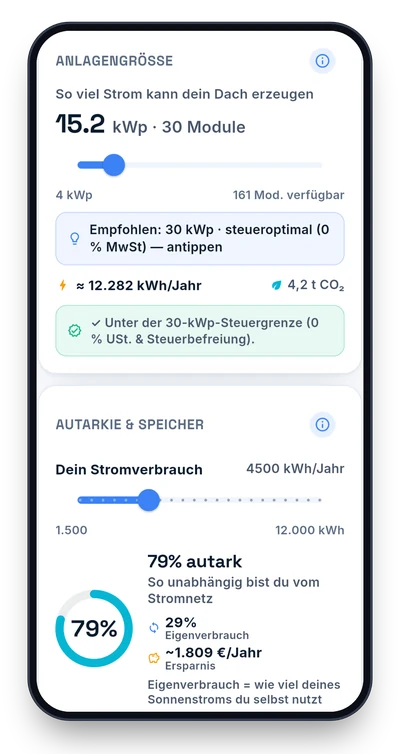 Echter Screen: Anlagengröße und Autarkie per Regler einstellen