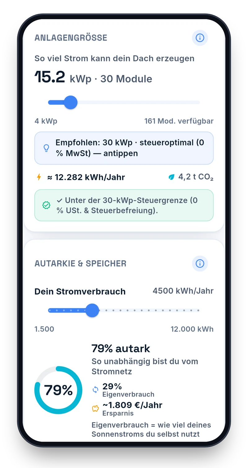 Anlagengröße 15,2 kWp mit 30 Modulen in der Autark-App