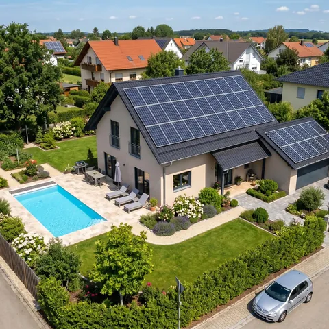 Einfamilienhaus mit Solaranlage aus der Vogelperspektive — Autark Innovations