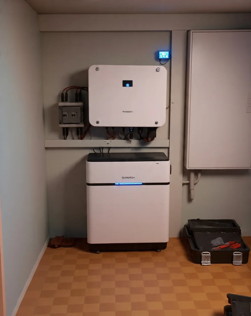 Energiezentrale: Sungrow-Hybridwechselrichter, Batteriespeicher und Autark-Steuergerät mit Display